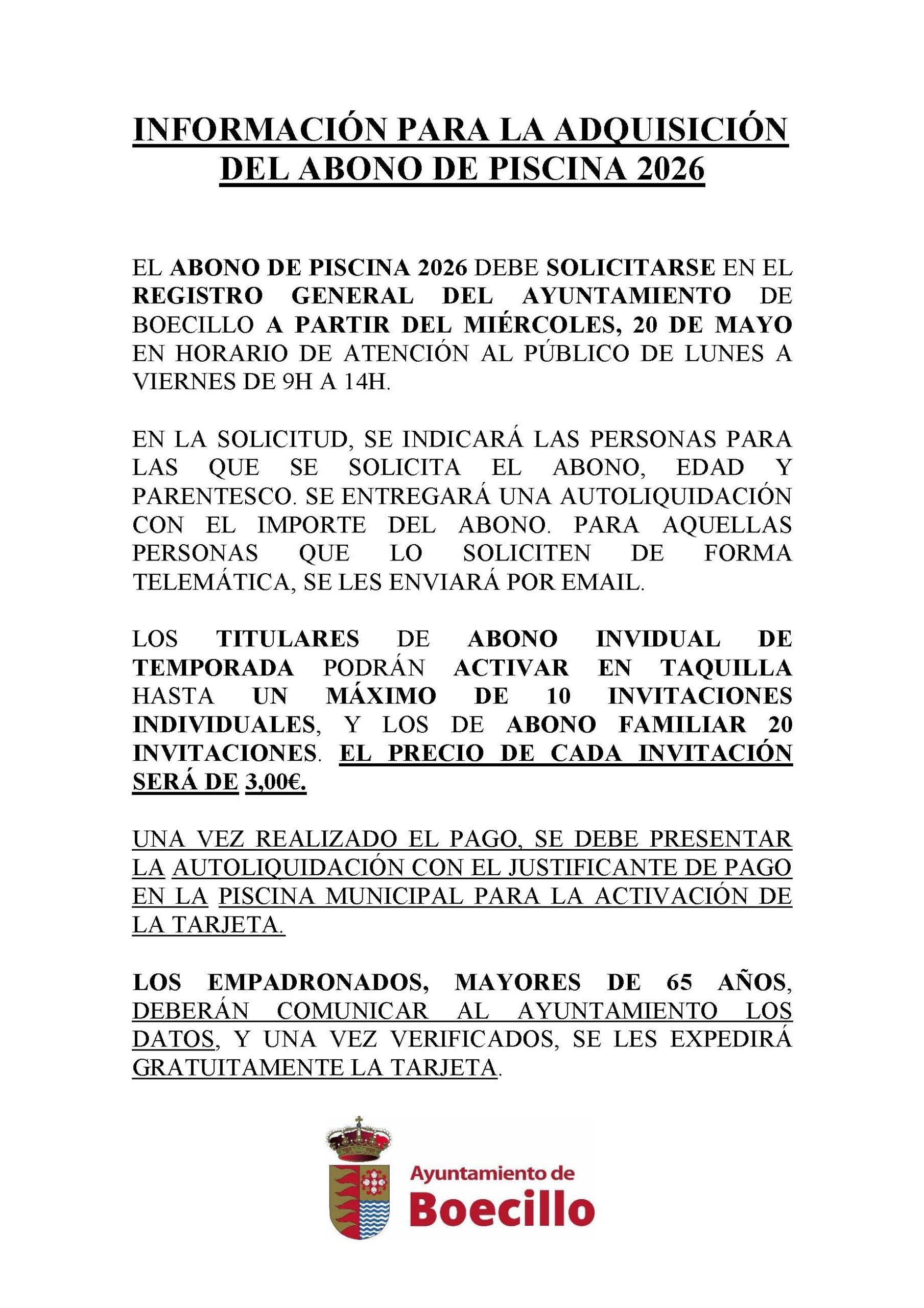 INFORMACIÓN PARA LA ADQUISICIÓN DEL ABONO DE PISCINA 2026
